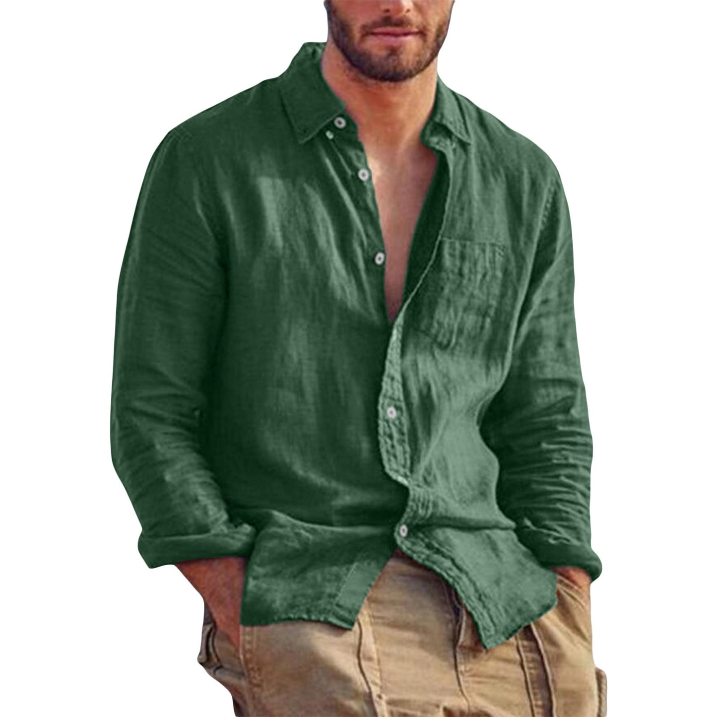 Men's Lapel Collar Shirt, Solid Color Long Sleeve Button-Down Loose Simple Blouse with Chest Pocket