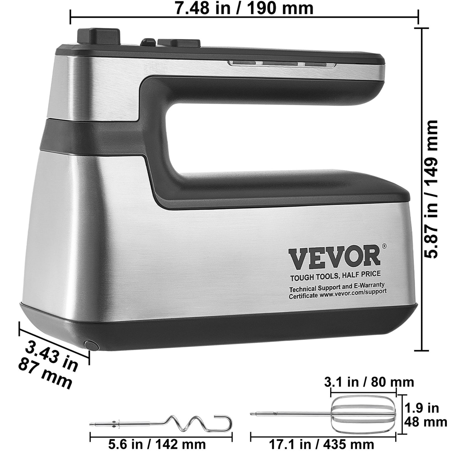 VEVOR Cordless Electric Hand Mixer Continuously Variable Electric Handheld Mixer Baking for Whipp Mixing Egg Cookie Cake Cream