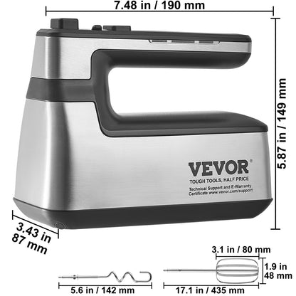 VEVOR Cordless Electric Hand Mixer Continuously Variable Electric Handheld Mixer Baking for Whipp Mixing Egg Cookie Cake Cream
