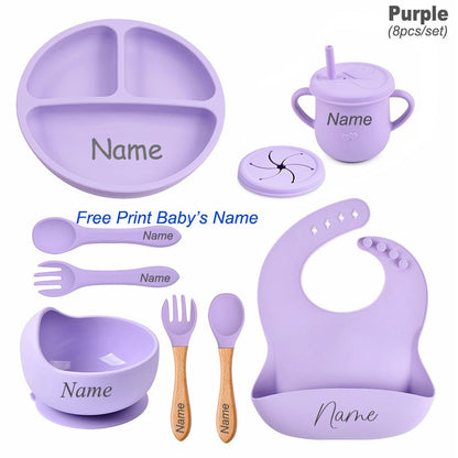 8Pcs Silicone Tableware Set Personalized Name Logo Baby Feeding Set Spoon Fork Suction Cup Bowl Silicone Dinner Plate For Kids