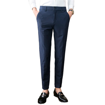 White Vertical Stripes Suit Pants Men, Blue Black Trousers, Fashion Slim Men's Pant Business Pantalones Hombre Autumn New Slacks