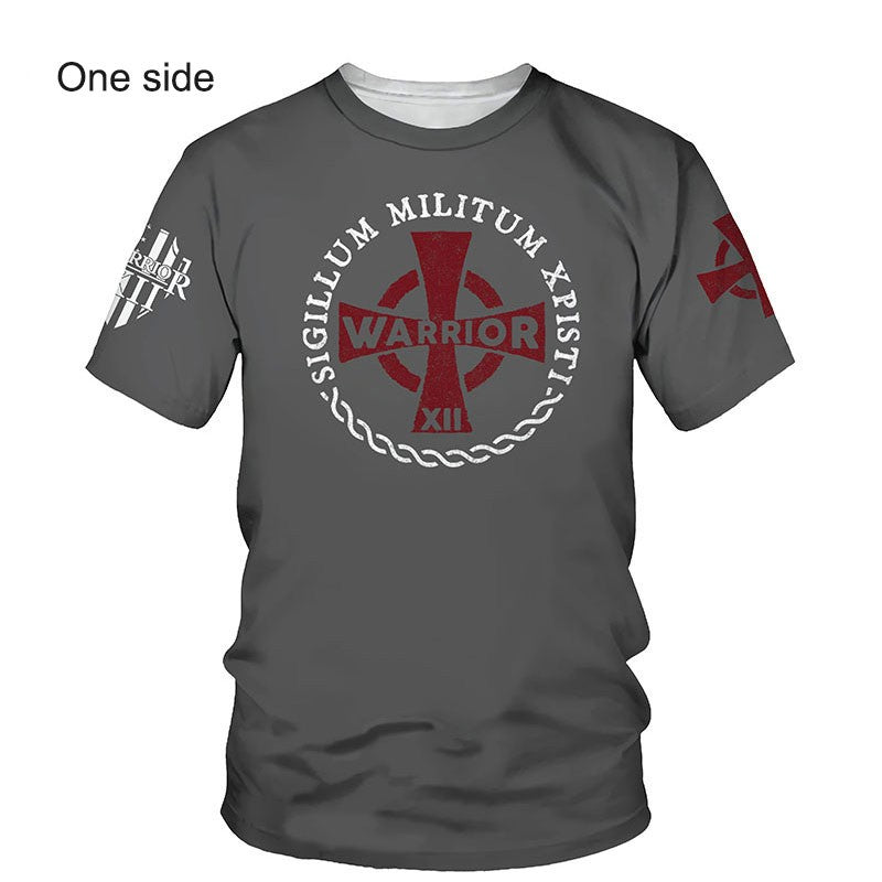 Crusader Knights Templar 3D Harajuku Print Handsome Retro Taste Fashion Personality Street Men's Round Neck Short Sleeve T-shirt