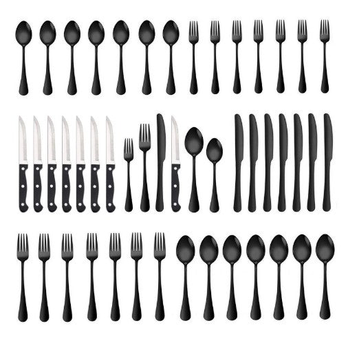 Conjunto de talheres de 48 peças com facas de carne para 8 pessoas, talheres de aço inoxidável espelhado, conjunto de utensílios laváveis na máquina de lavar louça