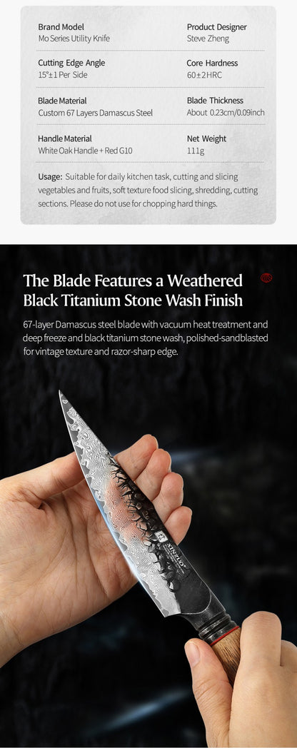 XINZUO 5.5" utility knife, 67 - Layer Damascus Masterpiece, forged with super steel, offers unrivaled sharpness and durability.