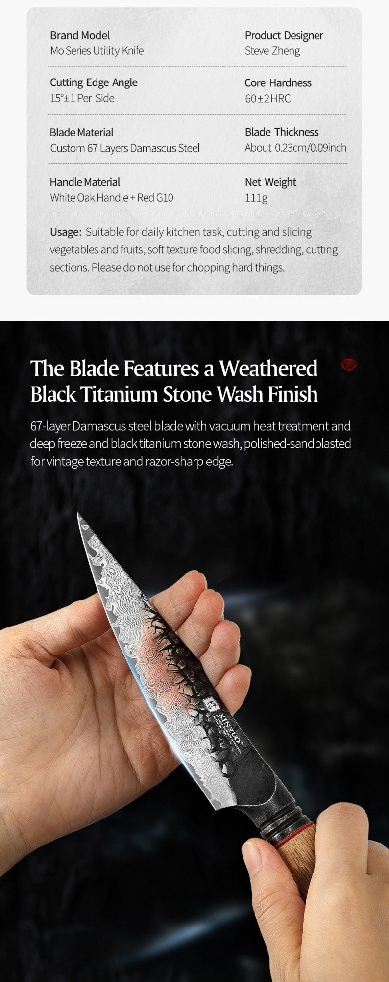 XINZUO 5.5" utility knife, 67 - Layer Damascus Masterpiece, forged with super steel, offers unrivaled sharpness and durability.