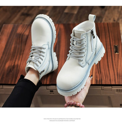 New winter men's shoes rain boots motorcycle leather shoes plush warm outdoor leisure high-top lace-up women's boots