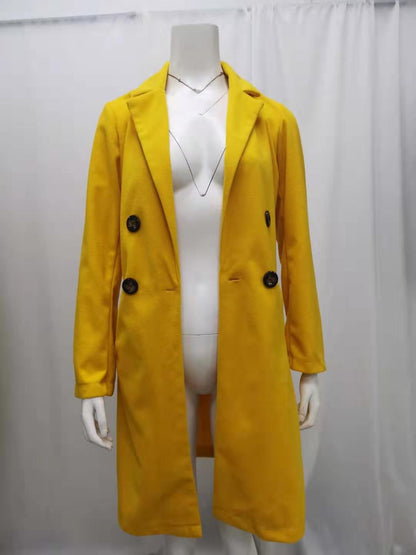 2024 European and American New Solid Color Lapel Mid length Button Woolen Coat for Women