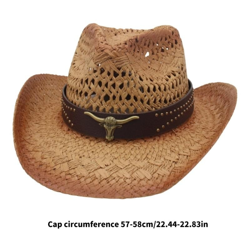 A52E Stylish Straw Cowboy Hats Multipurpose Western Headgear Comfortable Unisex Design For Festivals Daily Wear