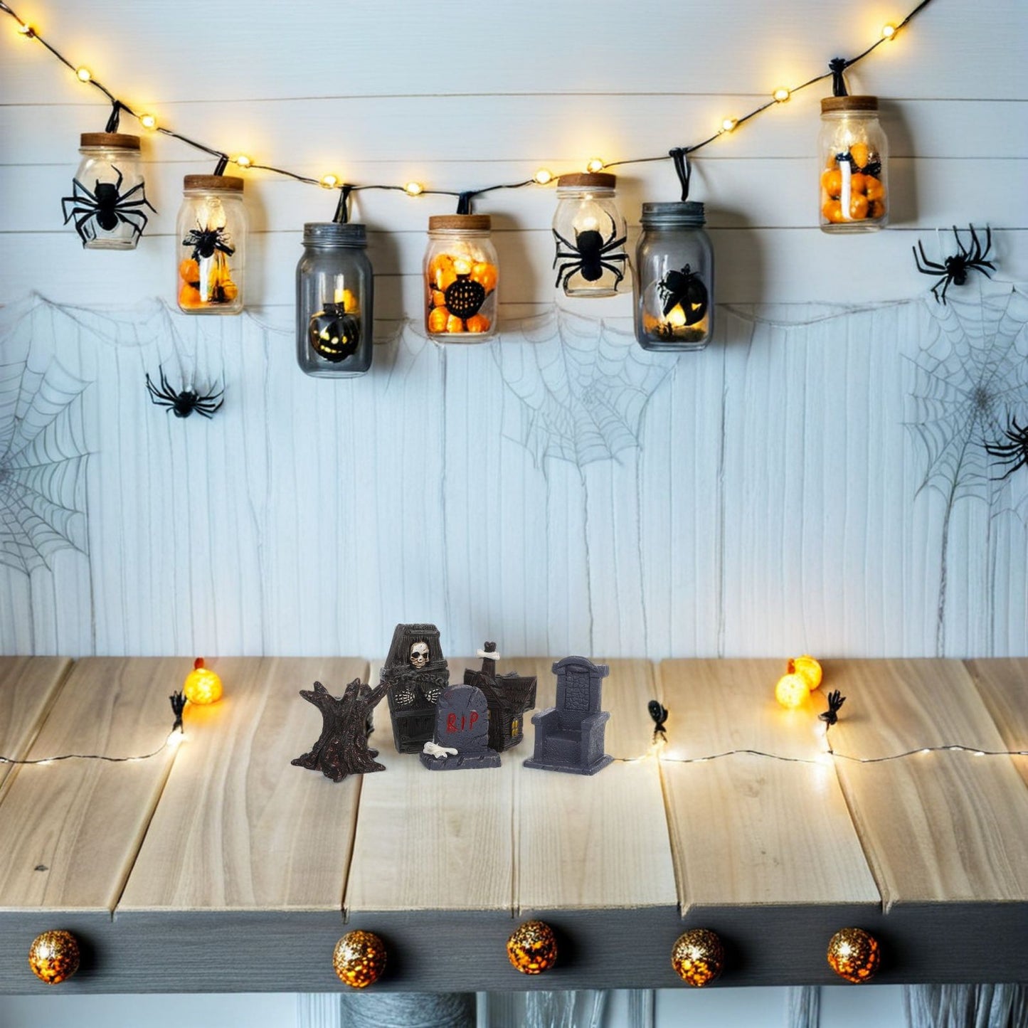 12pcs Mini Resin Figures Spooky Graveyard Decorations Miniature Tombstones Coffin Props For Indoor Outdoor Halloween Party