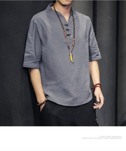 2023 Men Summer Cotton Linen Tang Shirt Men Chinese Style Button Short-Sleeved Shirts Male Blouse Vintage Kung Fu Hawaiian Shirt