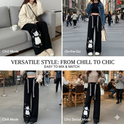 Cat Sweatpants Women Black Wide Leg Cute Casual Pants American Lazy Loose Fit Streetwear Spring Summer Trendy Unisex Outfit New