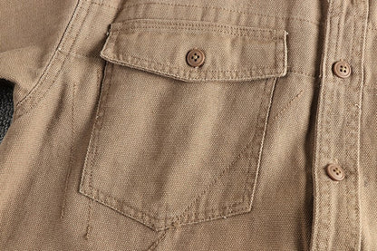 2025 Spring and Autumn New American Retro Woven Twill Cargo Shirt Men's Simple 100% Cotton Washed Double Pocket Causal Blousers