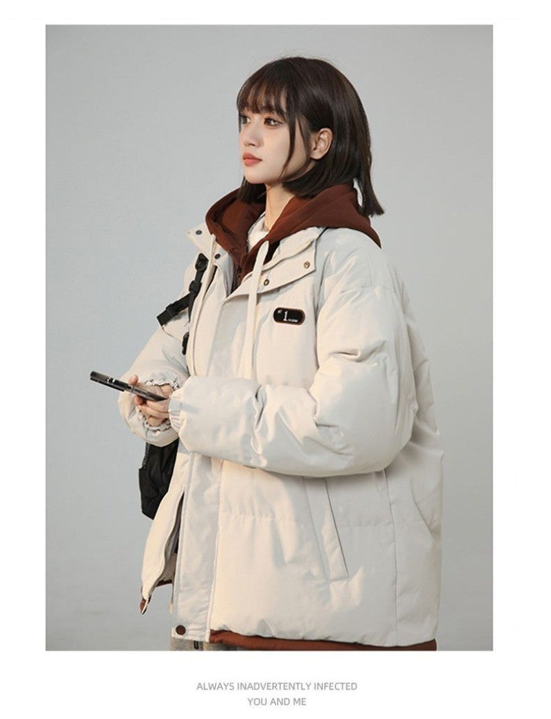 Korean Version New Fashion Letter Patch Fake Two Piece Cotton-padded Jacket Y2K Harajuku Vintage Thick Bread Loose Student Coats