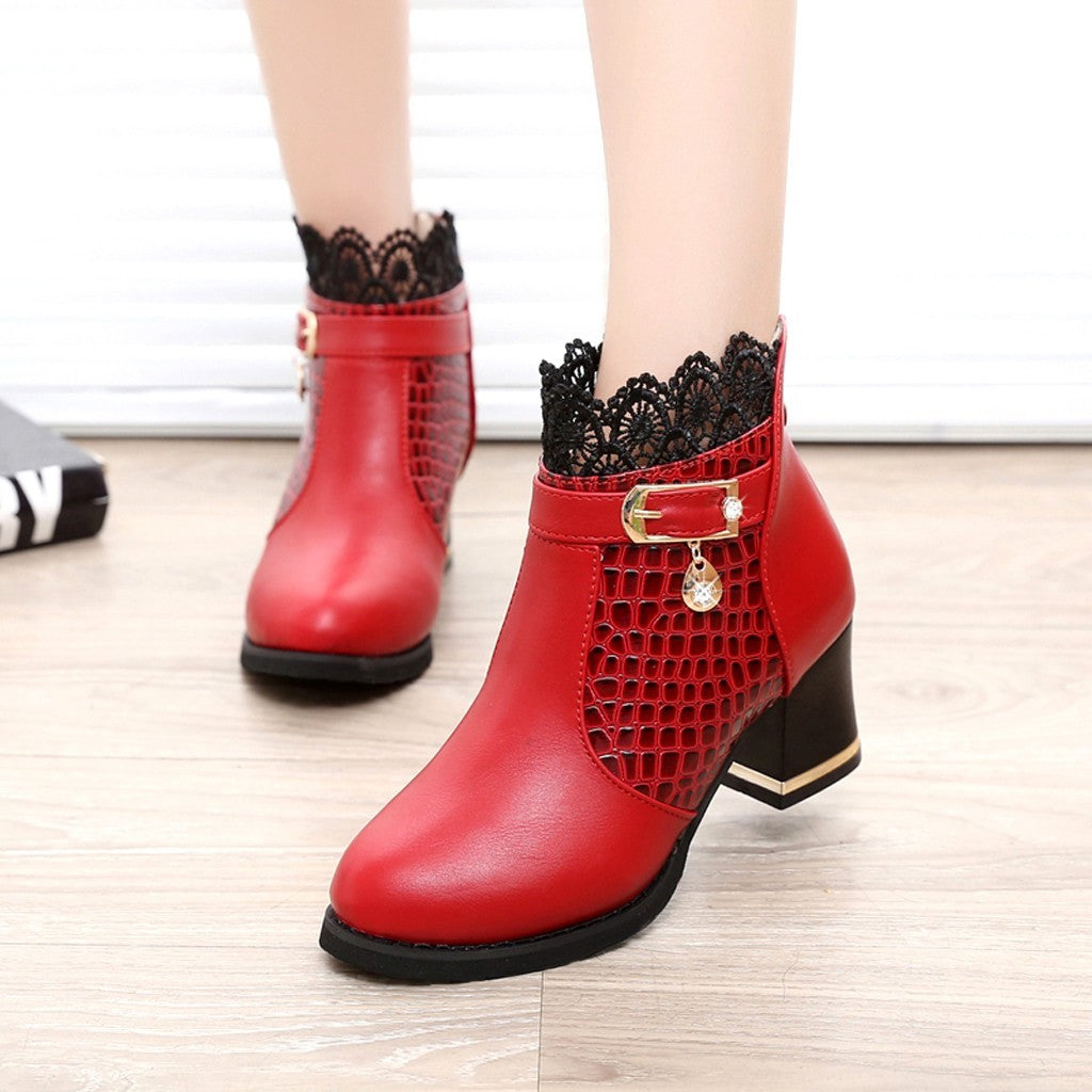 Women'S Ladies Boots Fall Winter Vintage Leather Lace Short Boots Shoes Women'S Fashion Lace Trim Boots Mid-Heeled Boots