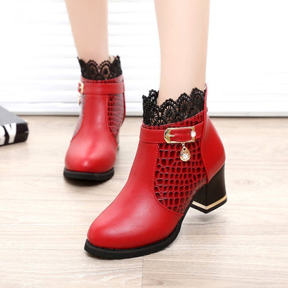 Women'S Ladies Boots Fall Winter Vintage Leather Lace Short Boots Shoes Women'S Fashion Lace Trim Boots Mid-Heeled Boots
