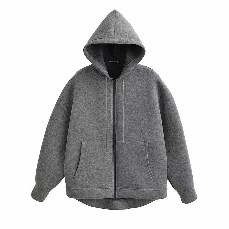 Alobee Autumn Women Gray Black Jacket With Hood Long Sleeve Zipper Jacket Coat Woman Loose Casual Big Pocket Outerwear Coat Tops