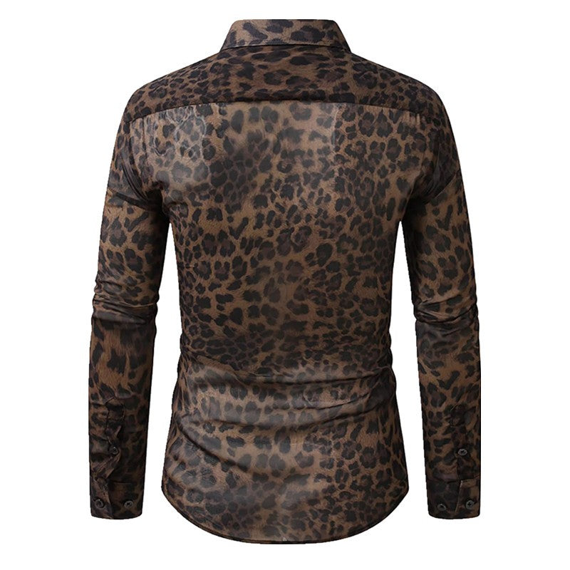 QJ CINGA Brand Men Leopard Print Long-sleeved Shirt, White Single-breasted Button-down Collar Printed Shirts, Asian Size M-6XL