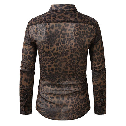 QJ CINGA Brand Men Leopard Print Long-sleeved Shirt, White Single-breasted Button-down Collar Printed Shirts, Asian Size M-6XL