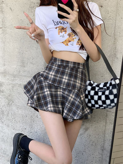 Tiered Mini Skirt Y2K High Waist Tartan Ruffled Plaid Skirt Skort Women Aesthetic Outfit