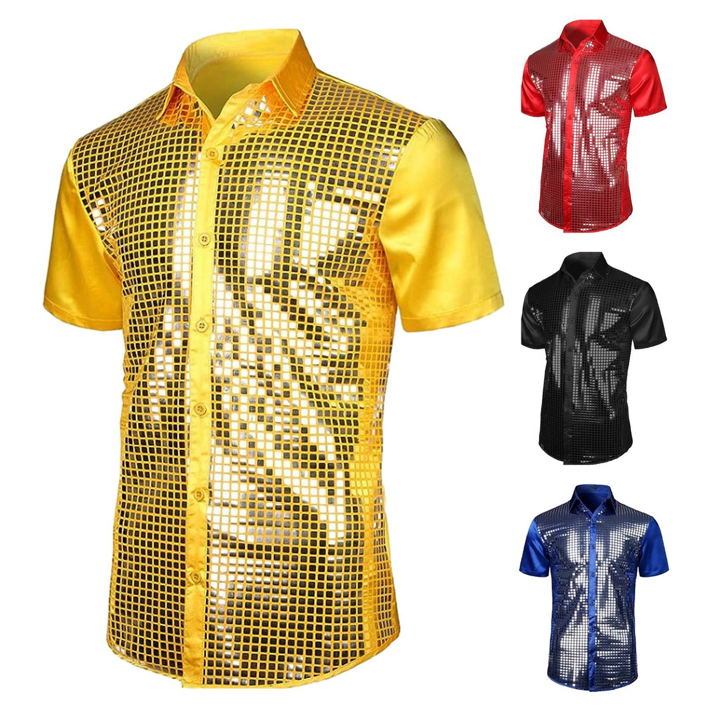 Club Sequin Shirt Mens 70s Disco Costume Vinatge Shirt Turn-down Collar Reflective Shiny Sequins Short Sleeve Button Down Shirt