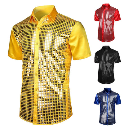 Club Sequin Shirt Mens 70s Disco Costume Vinatge Shirt Turn-down Collar Reflective Shiny Sequins Short Sleeve Button Down Shirt