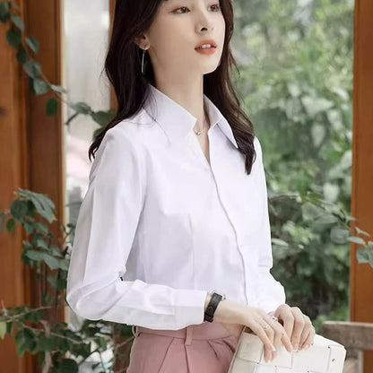Professional White Shirt Women Office Lady Slim Fit Formal Blouse Woman Daily Commuter Simple Versatile Square Collar Base Shirt