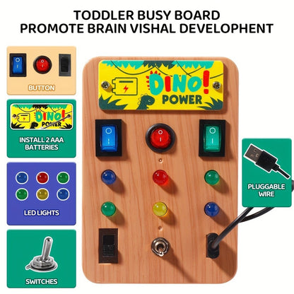 Dinosaur Switch Busy Board Toy Set for Toddlers 18M+ with 6 LED Lights, Dino-Themed ABS Early Education Puzzle for Color & Shape