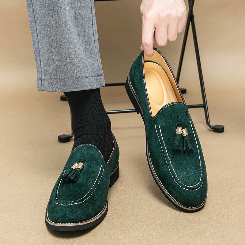 New Fashion Tassel Leather Men Shoes Slip On Loafers Round Toe Patchwork Suede Dress Shoes Man Daily Wedding Party Shoes for Man