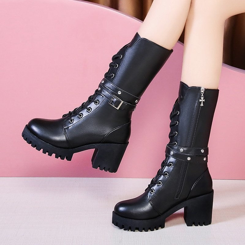 Winter New Solid Color Thick Sole Increase Buckle Design Model Boots Round Head Square Heel Non-slip Women's Mid-calf Boots