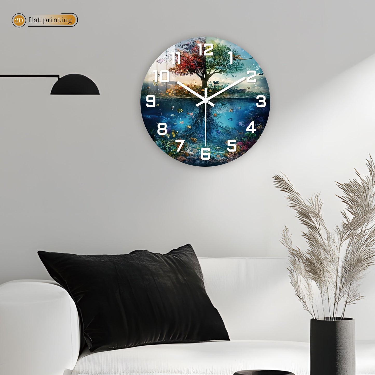 Tree of Life with Underwater Scene Wall Clock, Nature Harmony Theme Decor, Silent Quartz Movement Decorative Timepiece