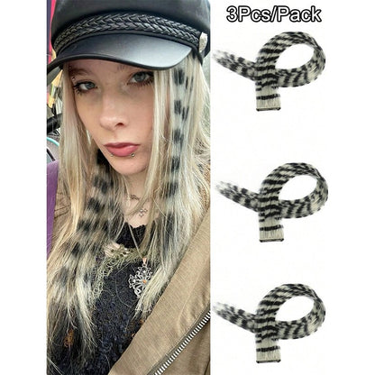 3Pcs Leopard Print Hair Extensions Synthetic Stripe Printed Hair Piece Colorful Long Straight Clip In Hair For Women Girls Party