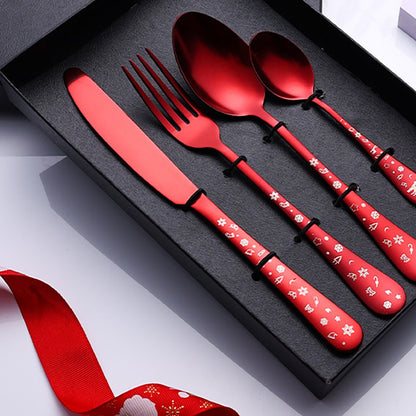 Conjunto de talheres de aço inoxidável com 4 peças Garfo, Faca e Colher com estampa de Flocos de Neve e Árvore de Natal