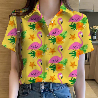Womens Shirts  Cartoon Animal flamingo 3D Printed Casual Hawaiian Short Sleeve Button Beach Shirt Summer y2k Women's Clothes
