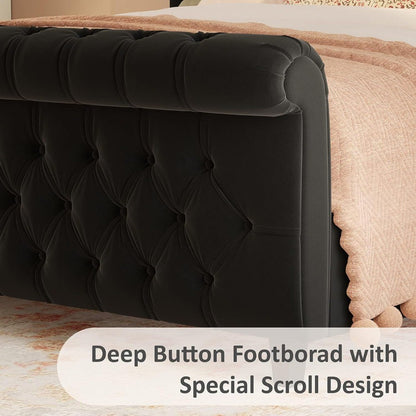 California King Velvet Sleigh Bed Frame with Curved Headboard, Footboard, and Deep Button Tufting