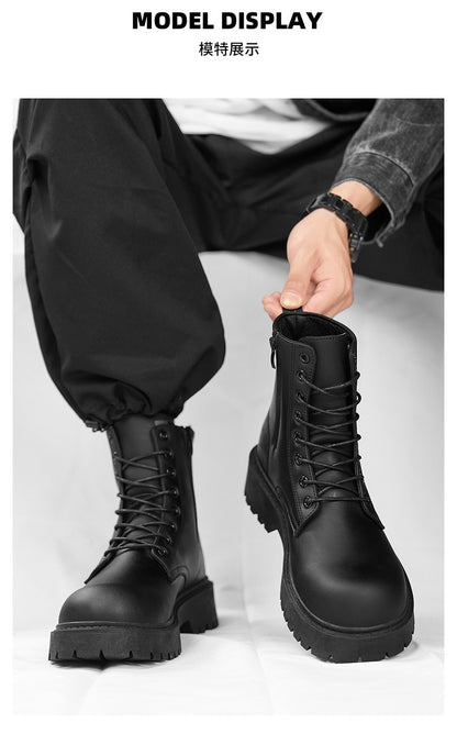 Botas casuais de casal, para quatro estações, masculinas e femininas, de cano alto, em couro, fashion, com sola grossa, antiderrapantes, plus size, para uso ao ar livre