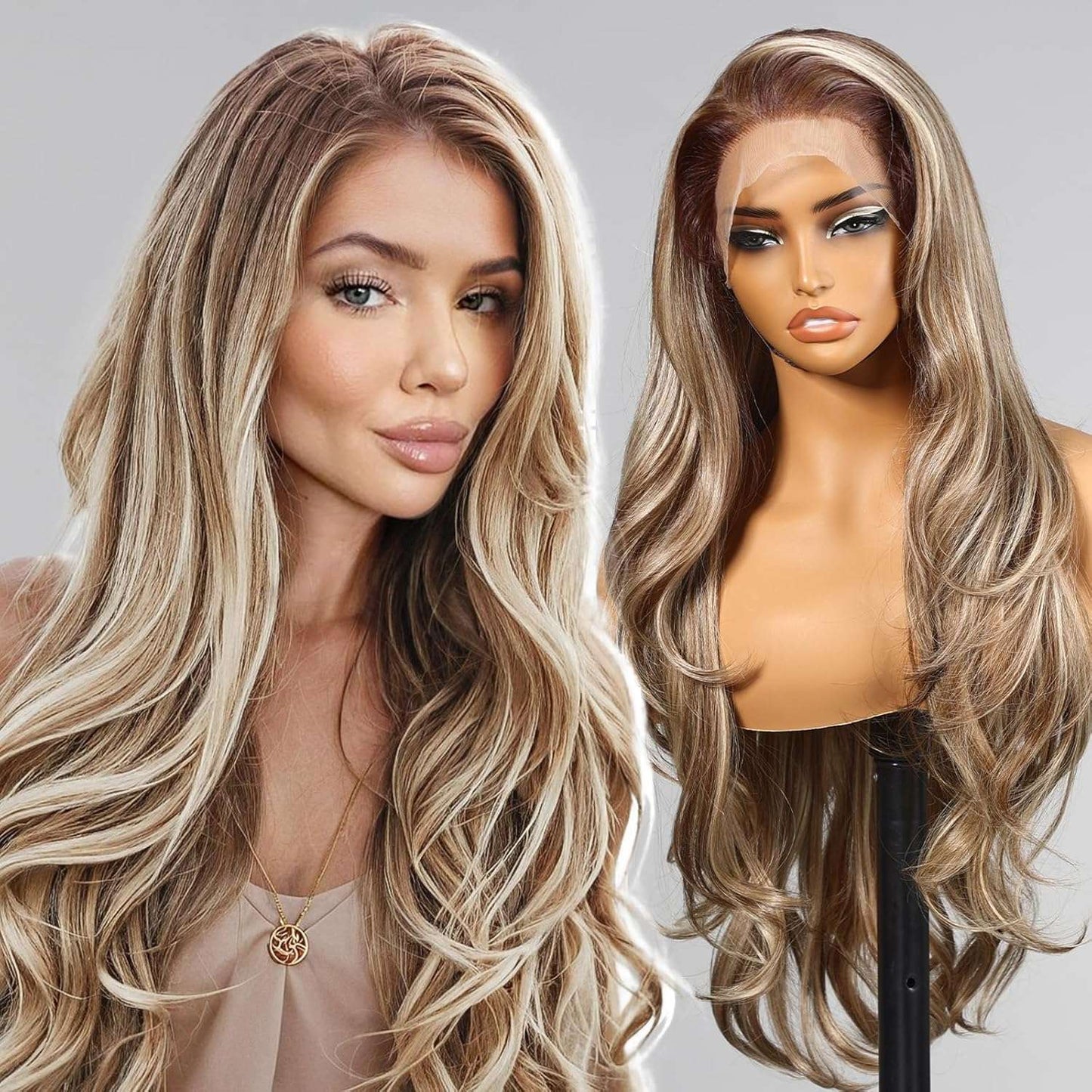 HENRY MARGU Peruca Sintética Lace Front 13x6 Peruca Longa Castanho Cinza Cabelo Ondulado Natural para Uso Diário Peruca de Fibra de Alta Temperatura