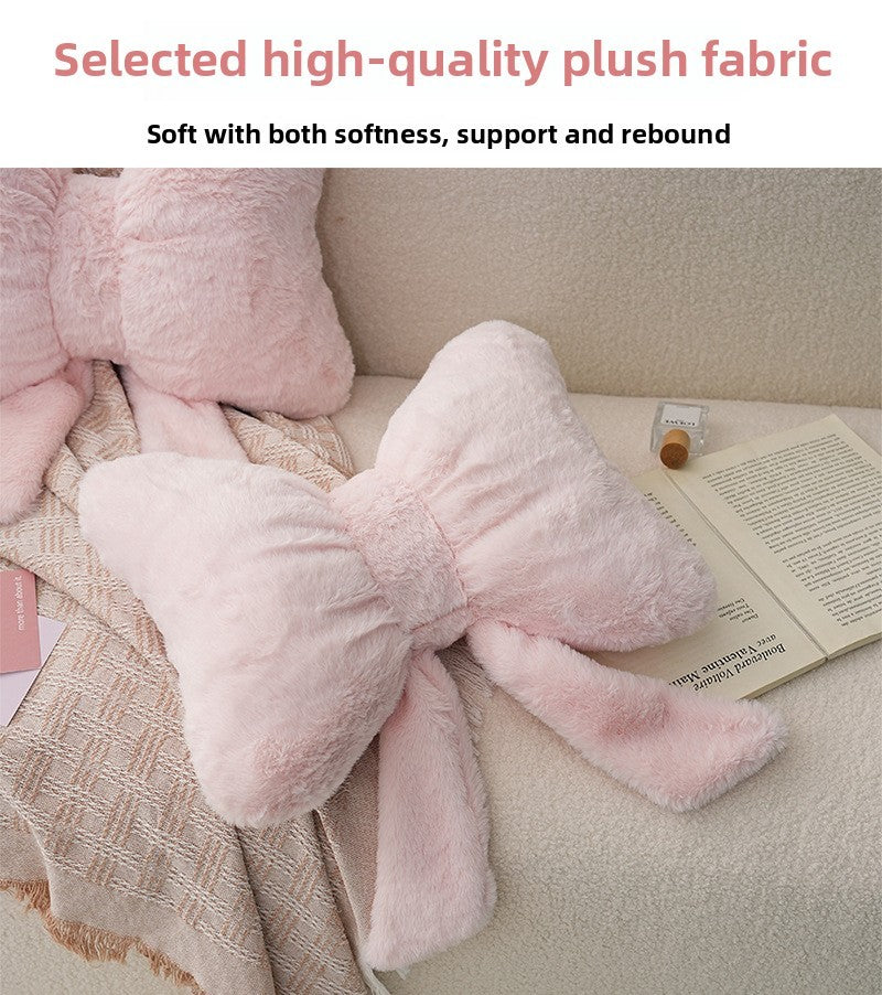 Pink bow ribbon couch pillow imitation rabbit fur comfortable car seat cushion ins style simple all-match back cushion