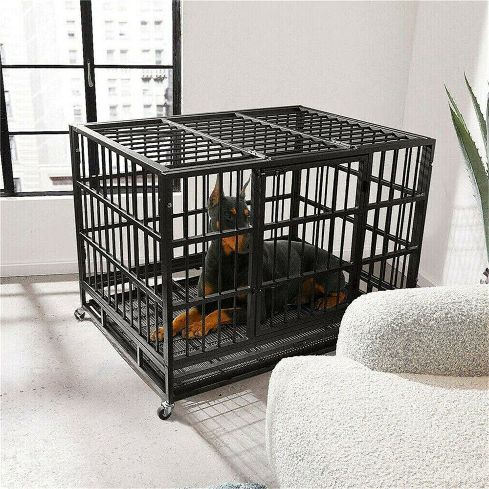 Caixa Grande Reforçada para Cães XXL Gaiola Resistente para Animais de Estimação Tubo Quadrado de Metal Canil Cercadinho com Rodas Traváveis e Bandeja