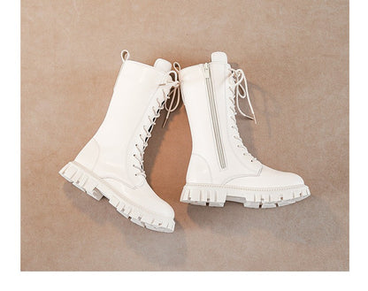 2025 Autumn/Winter  Fashion Cool Baby Girls Warm Square Heel Round Toe Casual Lace-Up Comfortable Kids Black Mid Boots