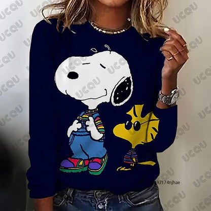 Autumn Winter New Cartoon Snoopy Print Women's Long Sleeve T-shirt Fashion O-neck Tees Casual Sweatshirt Oversize Female Clothes