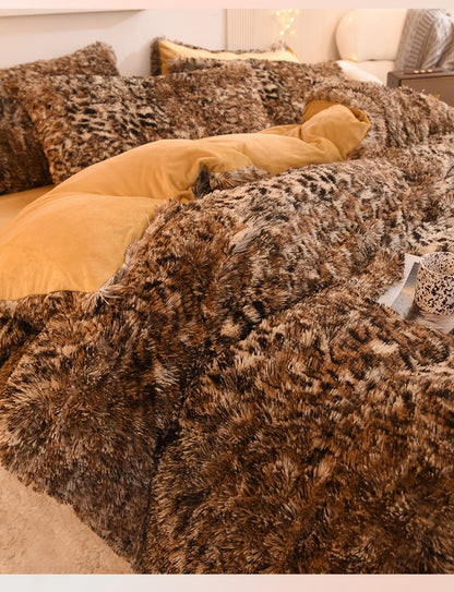 3pcs Luxurious Leopard Print Faux Fur Plush Duvet Cover Set - Ultra-Soft, Warm, and Fluffy Shaggy Design with Zipper Closure - I