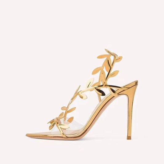 2024 Summer Fashion Patent Leather Gold Leaf Women Sandals Elegant Pointed toe Thin High heels Gladiator Sandalias Party Shoes