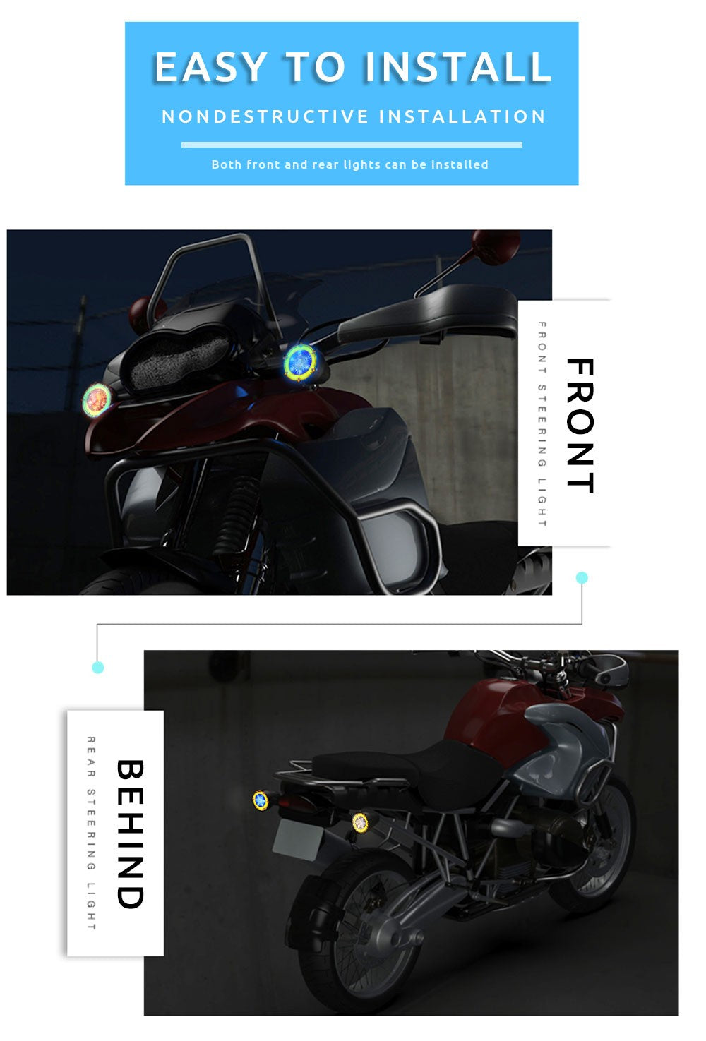 1 Par de Luzes LED de Seta Redondas Halo para Motocicleta, Duas Cores, DRL, Luz de Condução, Luz de Pisca Sequencial, Mini Indicador