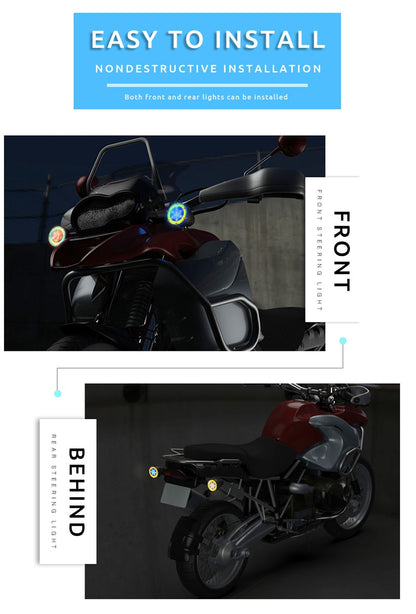 1 Par de Luzes LED de Seta Redondas Halo para Motocicleta, Duas Cores, DRL, Luz de Condução, Luz de Pisca Sequencial, Mini Indicador