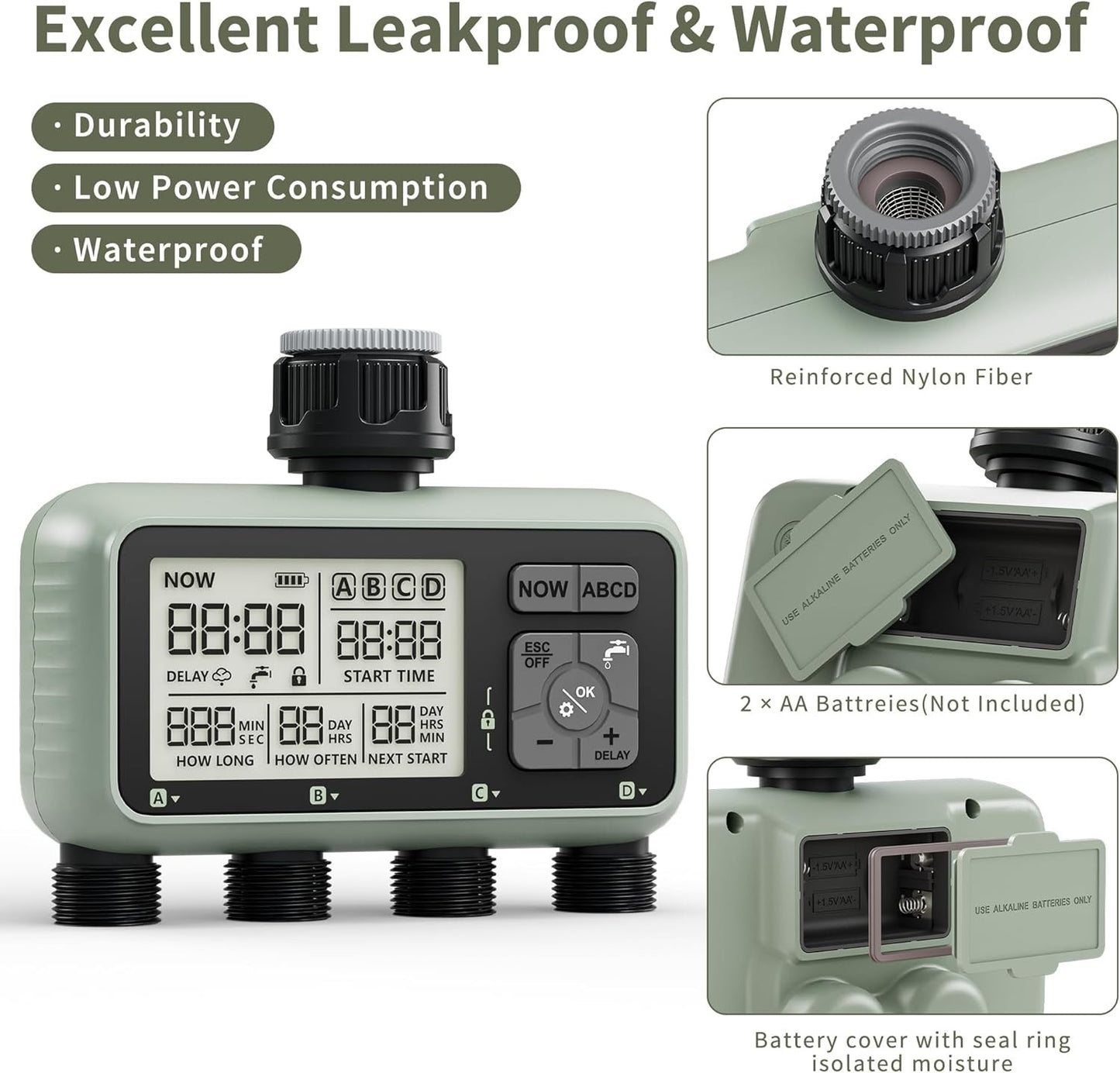 Diivoo Water Timer 4 Zone Garden Programmable Automatic Irrigation Timer with Rain Delay Manual/Auto Mode Watering for Lawn Yard