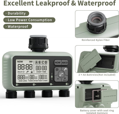 Diivoo Water Timer 4 Zone Garden Programmable Automatic Irrigation Timer with Rain Delay Manual/Auto Mode Watering for Lawn Yard