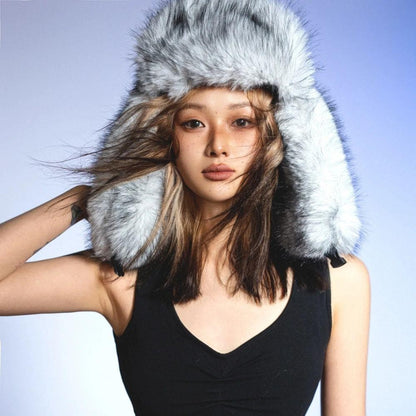 Gorro de inverno russo feminino com proteção de orelha de pele sintética, gorro corta-vento quente para senhoras, moda de luxo, chapéu de esqui de cor sólida com aba larga