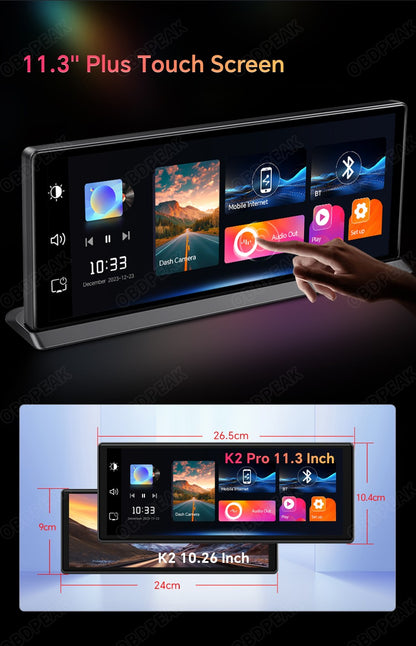 K2 Pro 11.3" DVR Automotivo 4K Câmera Sem Fio Carplay Android Auto Tela AI Câmera de Painel Gravador de Vídeo de Lente Dupla GPS de Navegação de Painel