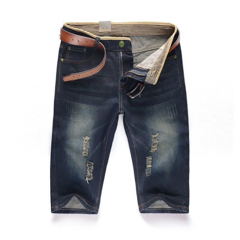 29-40 New Summer Men's Personalized Washable Perforated Denim Pants Large Casual Middle Pants