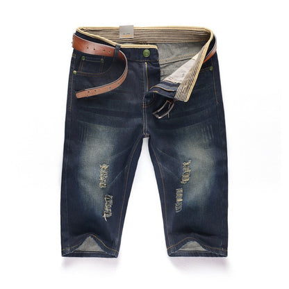 29-40 New Summer Men's Personalized Washable Perforated Denim Pants Large Casual Middle Pants